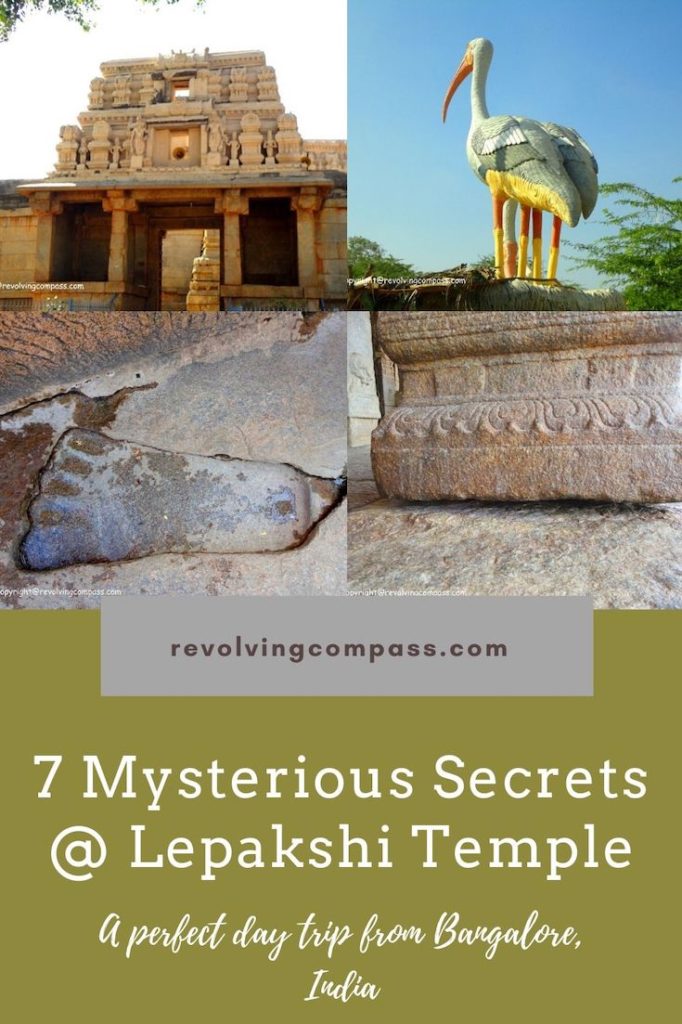 Discover 7 wonders of the temple of Lepakshi on a day trip from Bangalore, India | Sita's footprint | An eye in the wall with blood marks | An incomplete kalyan mandapa (wedding hall) | A hanging pillar | Legends of Ramayana